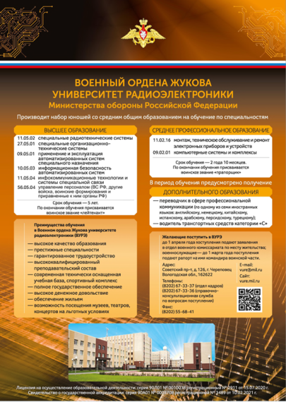 Военный ордена Жукова университет радиоэлектроники (Вологодская обл., г. Череповец) проводит обучение юношей по образовательным программам высшего образования и среднего профессионального образования.